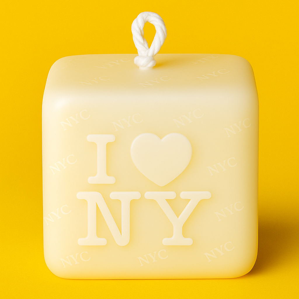 Square yellow candle with 'I ❤️ NY' text on a yellow background